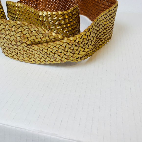 Fossil Leather Belt Metallic Gold Woven Braided Wide Womens Size M Twist Preppy - Picture 6 of 12